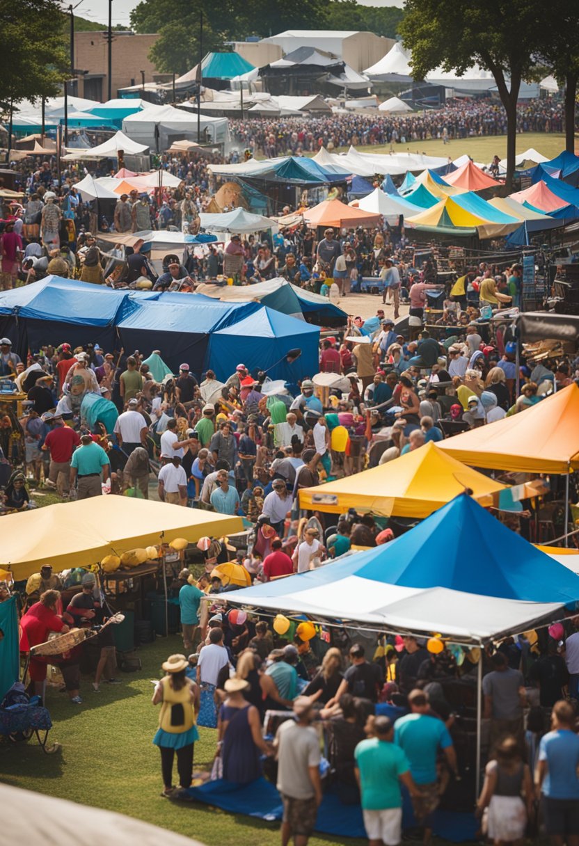 Crowds gather at Waco's July festivals, enjoying live music, food, and art. Colorful tents line the streets, with vendors selling crafts and local goods. A joyful atmosphere fills the air as people celebrate together