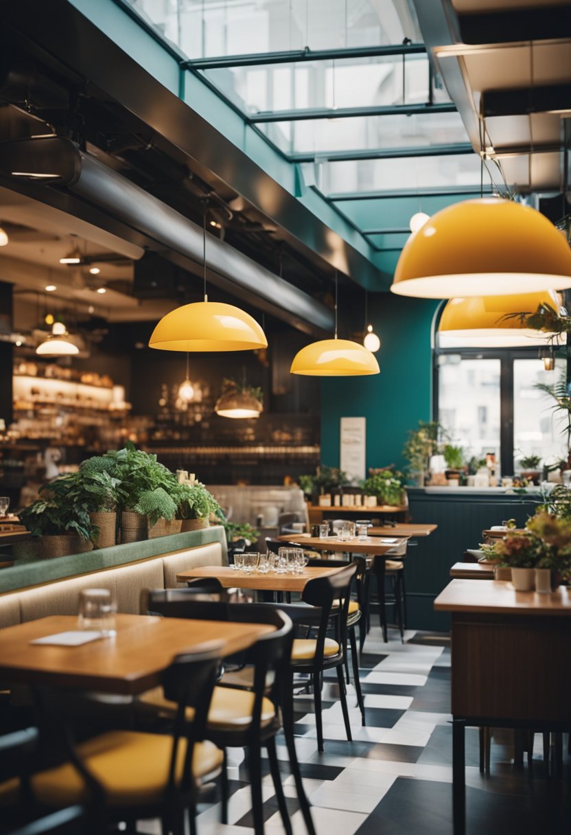 A bustling restaurant with vibrant decor and a focus on healthy eating. Customers enjoy colorful, fresh dishes while chatting in a lively atmosphere