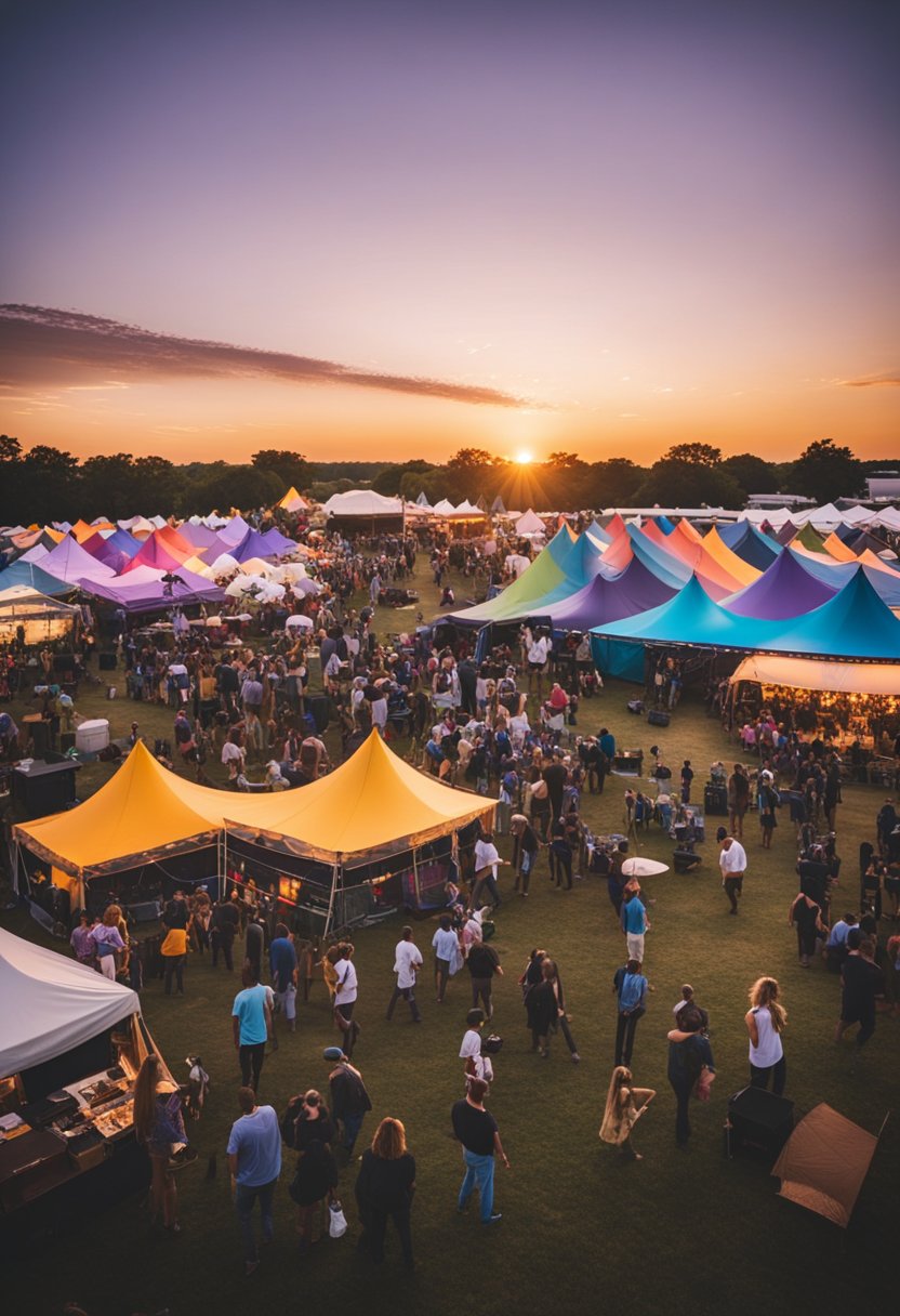 Crowds gather under colorful tents at a music festival in Waco. Bands play on multiple stages, surrounded by food vendors and art installations. The sun sets behind the lively scene
