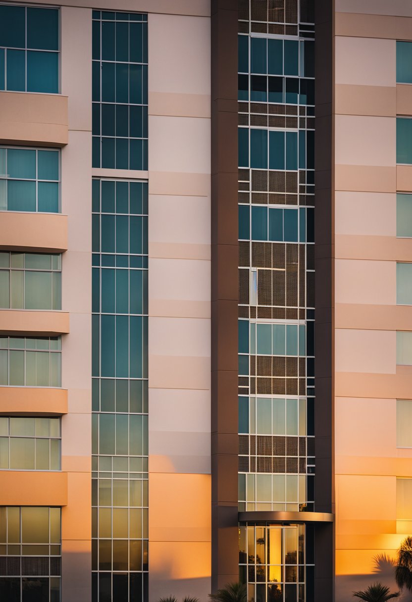 The sun sets behind the La Quinta Inn & Suites by Wyndham Waco Downtown, casting a warm glow on the boutique hotel's elegant facade