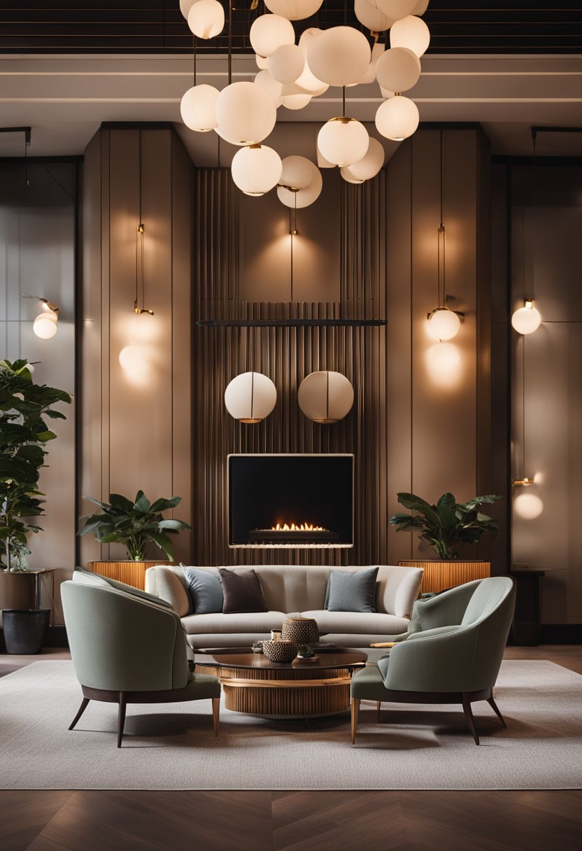 A cozy lobby with modern furniture, a fireplace, and a coffee bar. Warm lighting and vibrant accents create a welcoming atmosphere