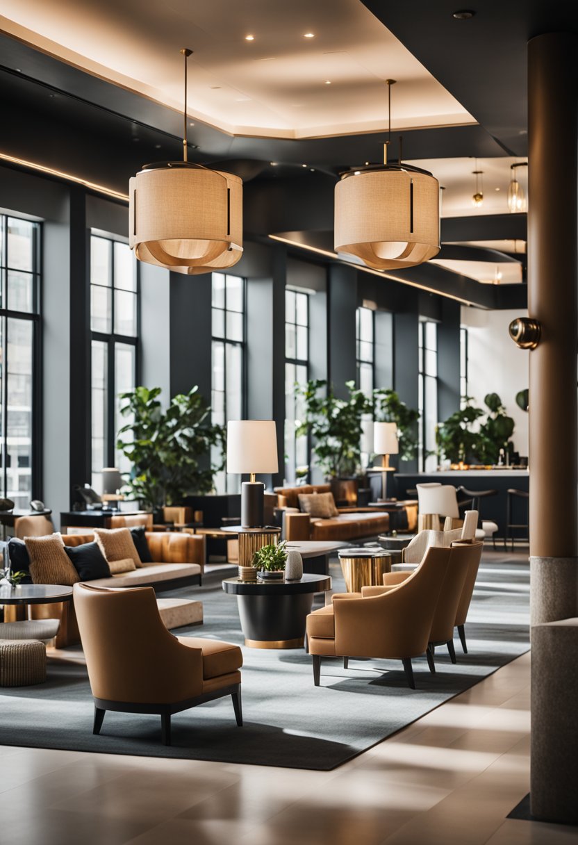 A modern boutique hotel lobby with sleek furniture, a cozy fireplace, and a stylish check-in desk. The space is filled with natural light and vibrant decor, creating a welcoming and chic atmosphere