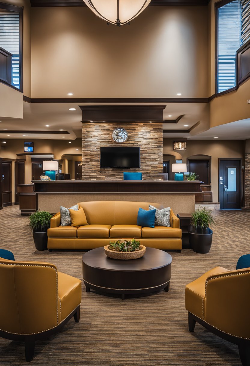 The elegant lobby of Best Western Plus Waco North features modern decor, plush seating, and soft lighting, creating a cozy and inviting atmosphere for guests