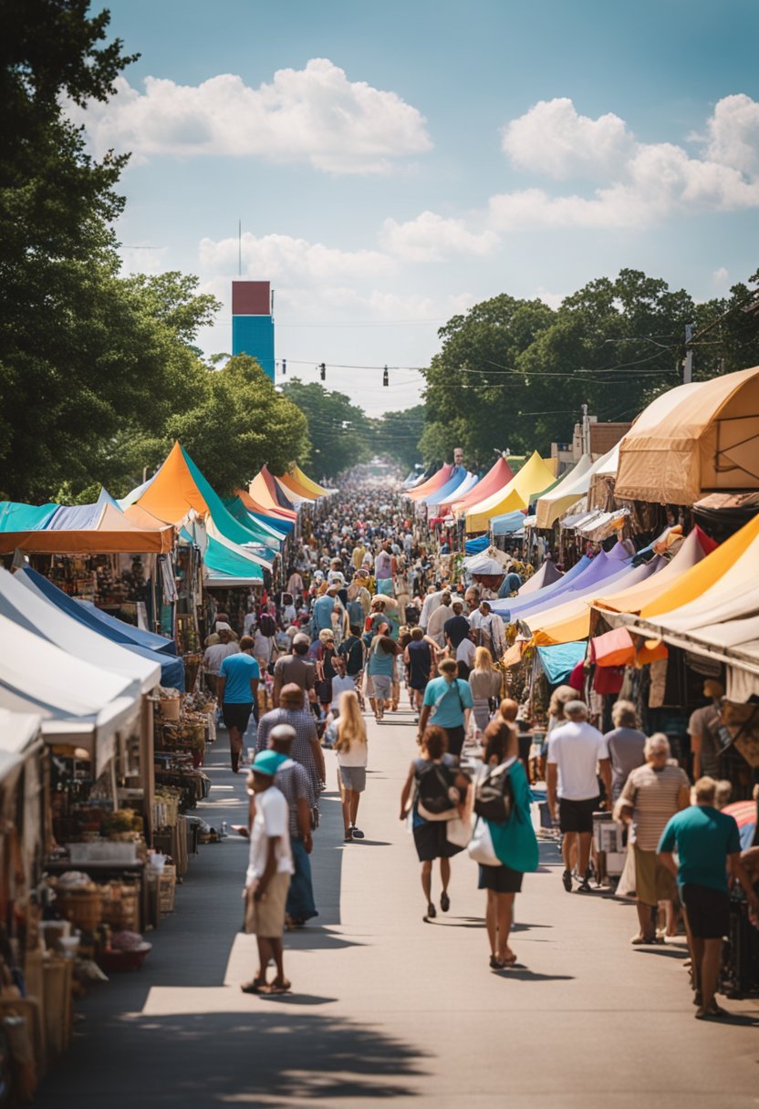 A bustling street lined with colorful booths and lively music. Crowds of people browse through handmade crafts and sample delicious local food at Waco Festivals and Events in July 2024