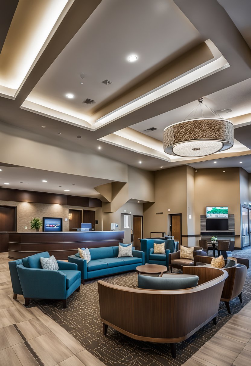 A spacious lobby with modern furnishings and a welcoming front desk at Comfort Suites Waco North