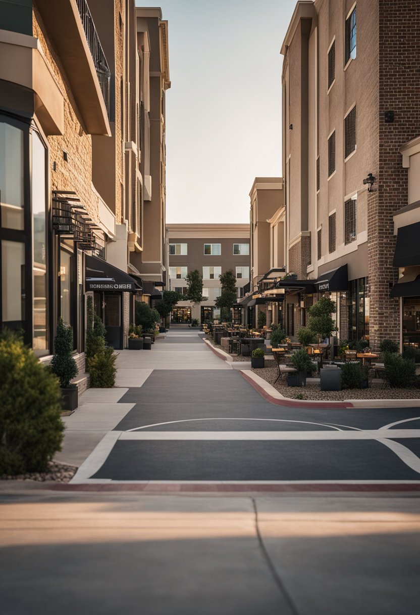 A bustling city street lined with shops and restaurants, leading to the modern and inviting exterior of the Area Comfort Suites Waco North