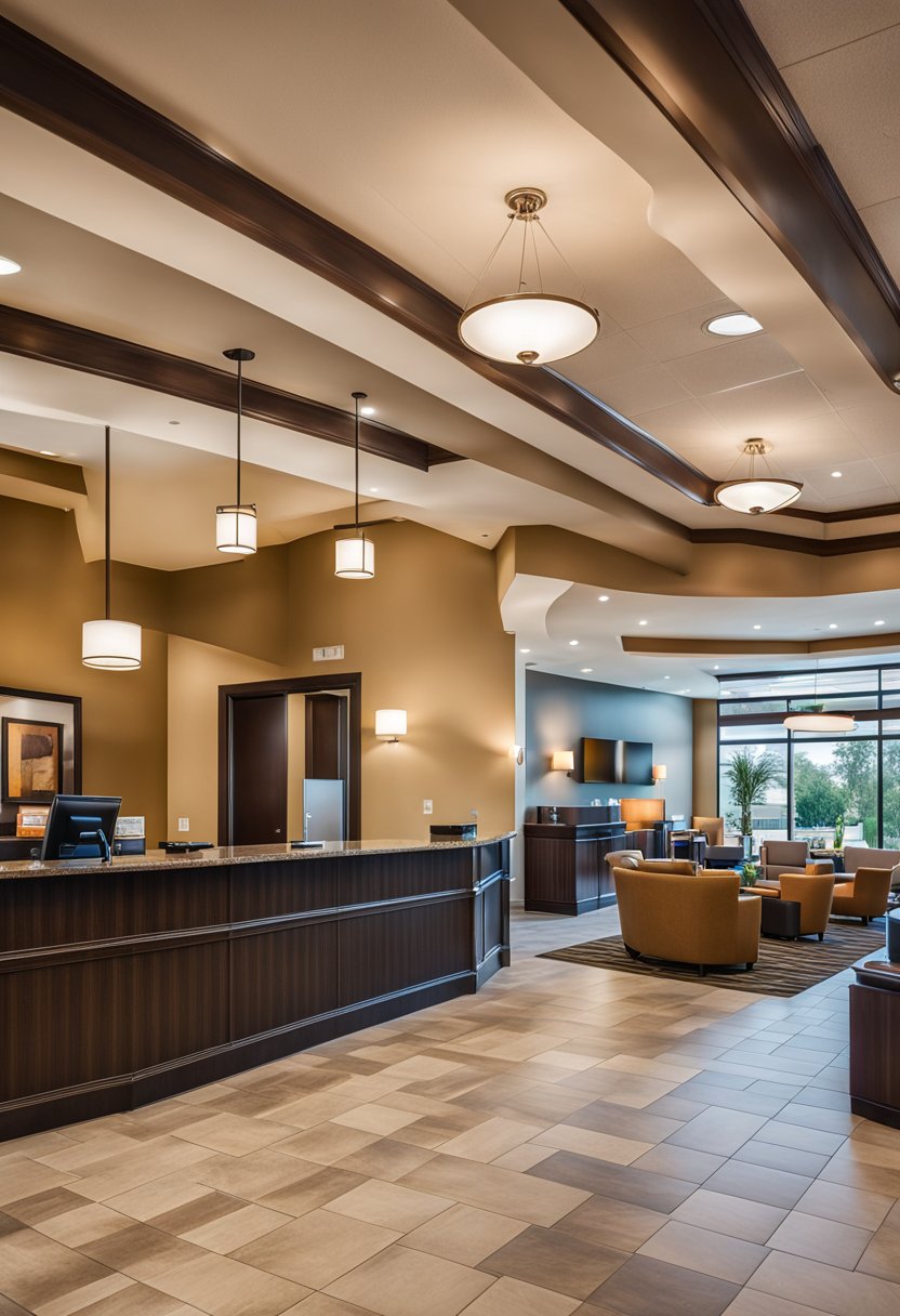 The lobby of Comfort Suites Waco North, with a reception desk, comfortable seating, and a warm, inviting atmosphere