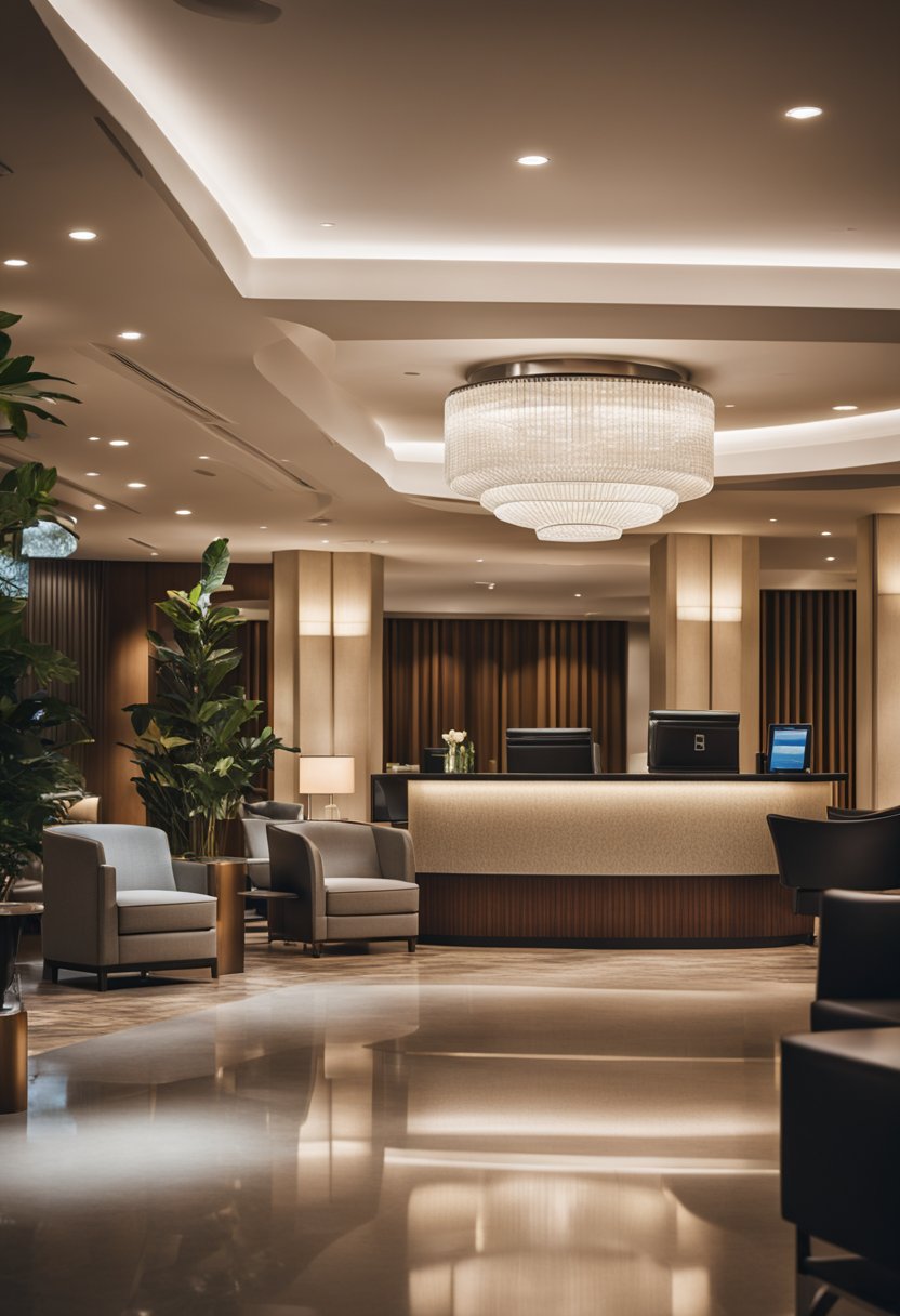 The hotel lobby is spacious with modern decor and comfortable seating. A front desk and check-in area are visible, with a warm and inviting atmosphere