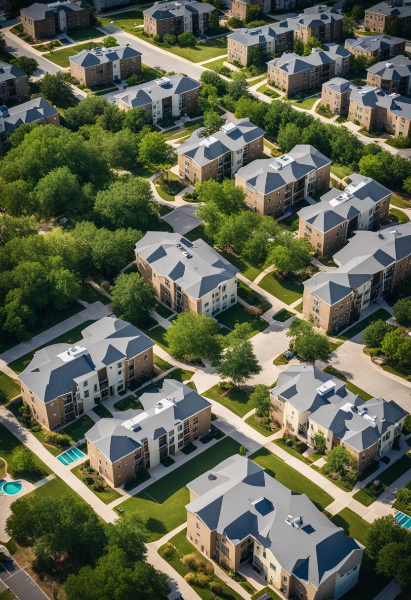 A bird's eye view of a cluster of affordable apartment buildings in Waco, Texas, with green spaces and parking areas