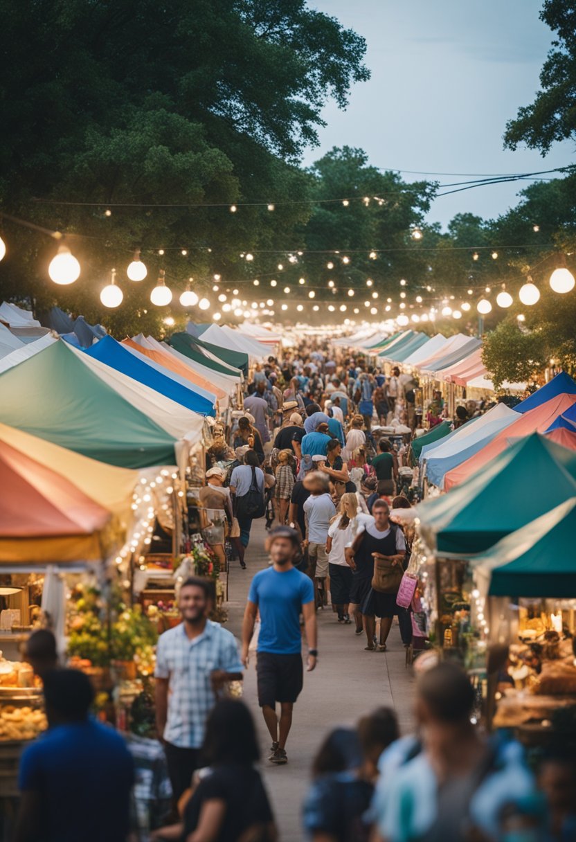 Vibrant local market stalls and festive community gatherings fill the streets of Waco, with colorful tents and lively music creating a bustling atmosphere in July 2024