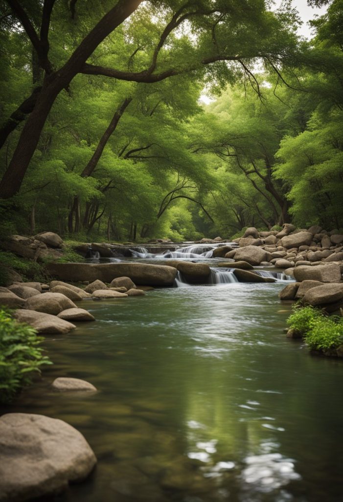 A peaceful creek winds through lush greenery at Waco Creekside Resort, with charming accommodations nestled among the trees