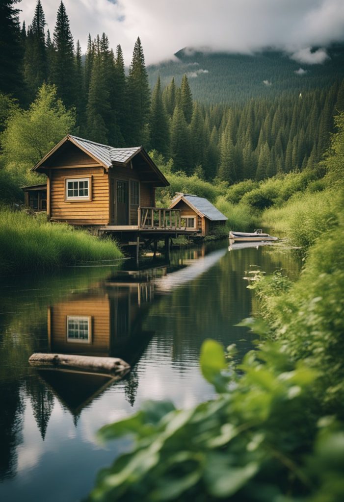 A serene creek winds through lush greenery, with quaint cabins nestled along the banks. Canoes and fishing poles lay near the water's edge, inviting leisurely exploration