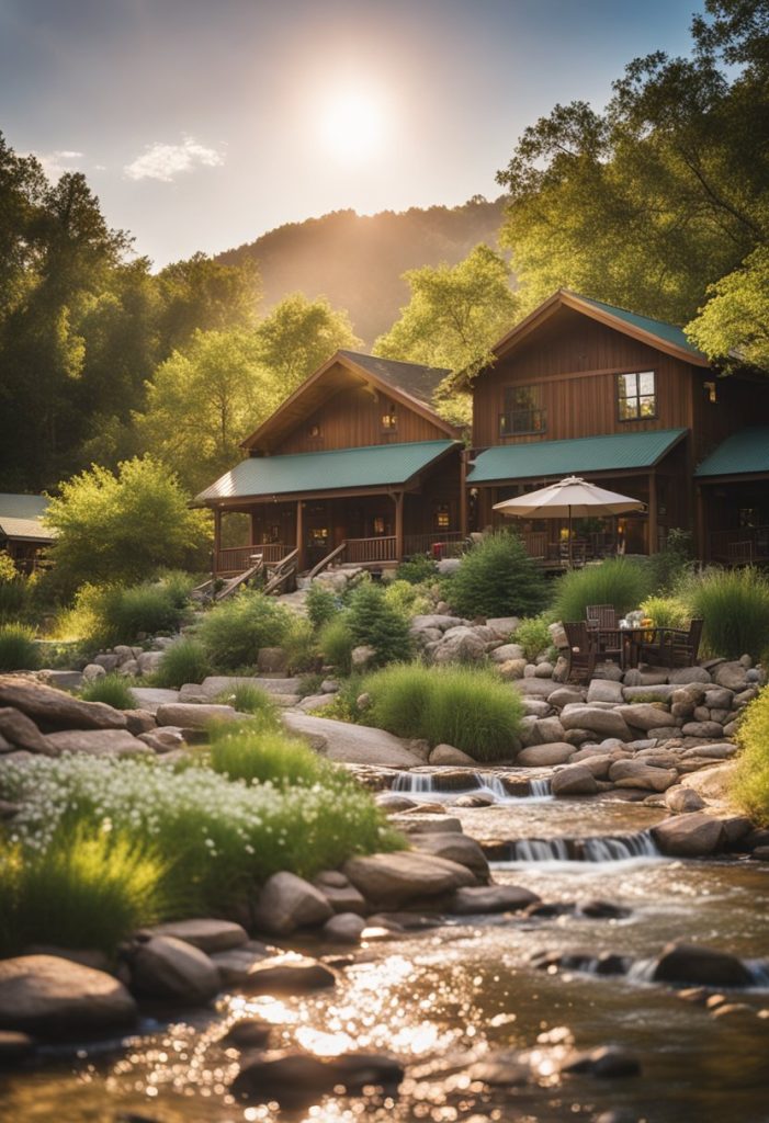 Guests stroll through lush gardens, past sparkling creeks, and cozy cabins at Waco Creekside Resort. The sun shines on a peaceful oasis