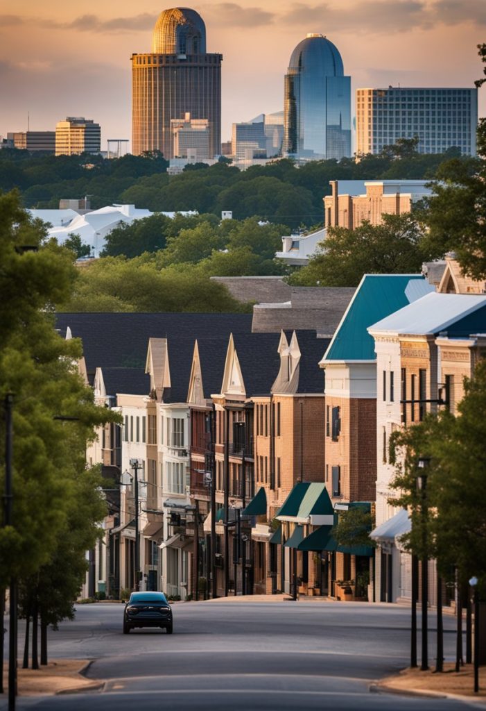 A bustling downtown street lined with charming vacation rentals, leading towards the iconic Magnolia Silos and Baylor University, with the city skyline in the background