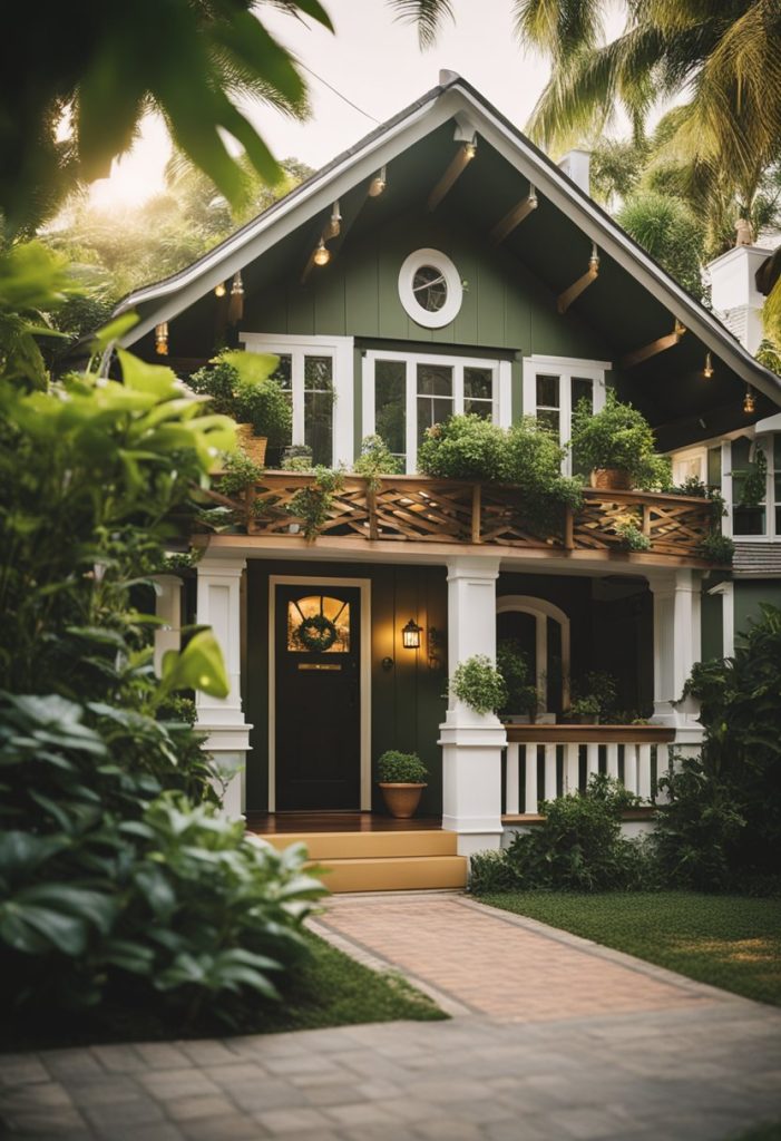 A quaint bungalow nestled in lush greenery, with a welcoming front porch and warm lights glowing from within