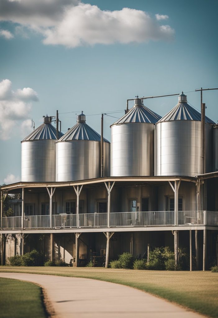 A row of charming vacation rentals near Magnolia Market in Waco, with a view of the iconic silos in the distance