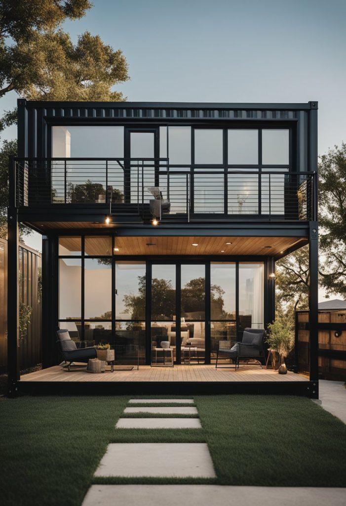 A 2-story container home sits near Magnolia Market in Waco, Texas, with a modern design and large windows