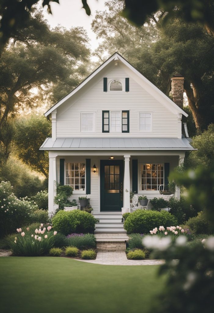 A cozy cottage nestled among lush gardens, with a charming front porch and a view of Magnolia Market in the distance