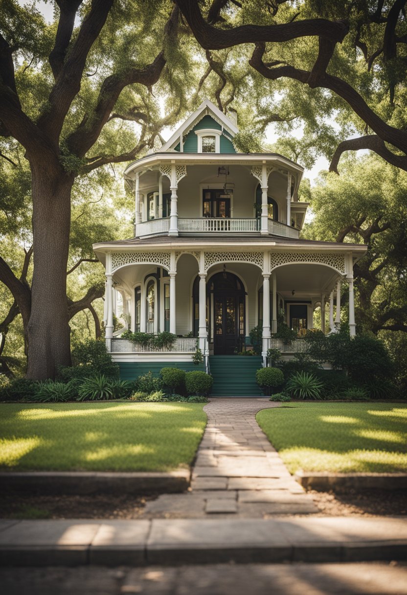 A charming Victorian home with a wrap-around porch, surrounded by lush gardens and towering oak trees, showcases the history of Waco