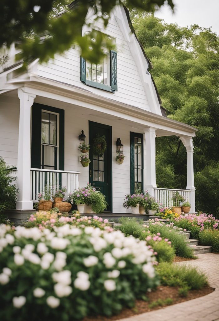 A cozy vacation rental nestled near Magnolia Market, with a charming exterior and inviting porch, surrounded by lush greenery and blooming flowers