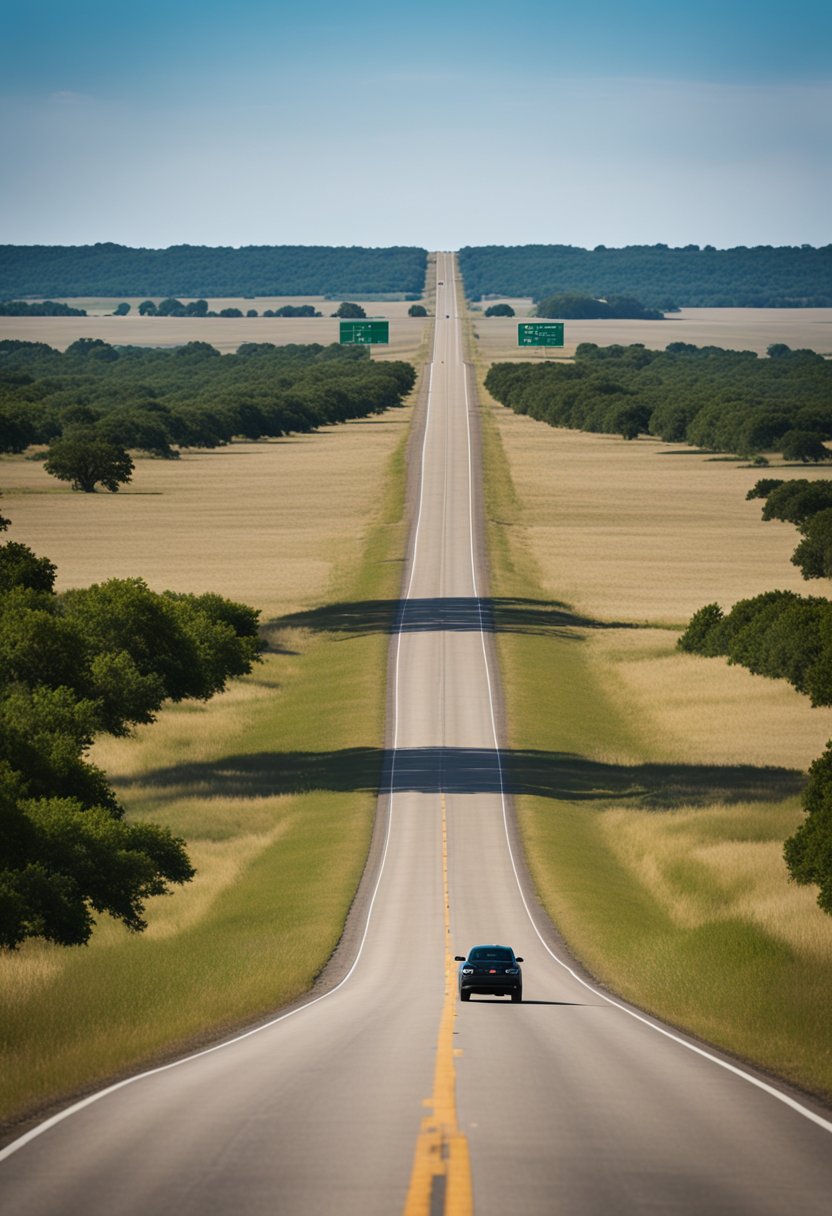 A car drives down a long stretch of road from Waco to Bellmead, Texas, passing through the open countryside under a clear blue sky