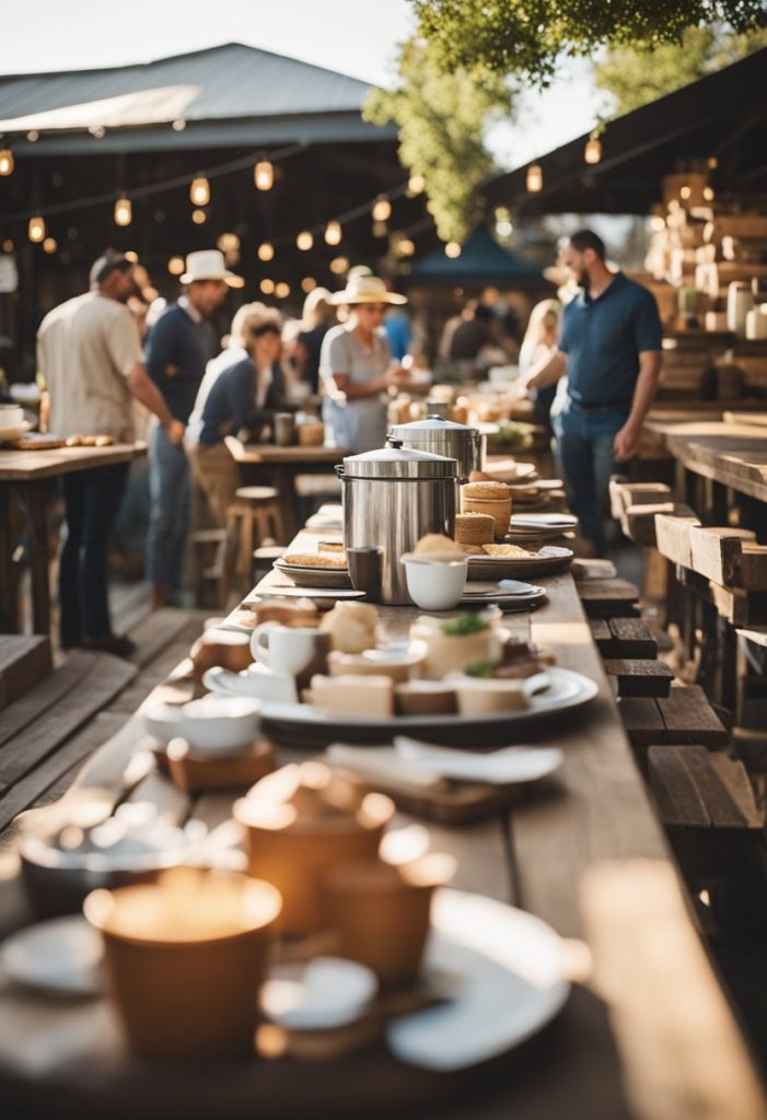 Vibrant market stalls display artisanal foods and aromatic coffees. Patrons relax at outdoor tables, surrounded by the rustic charm of Magnolia Market at the Silos in Waco