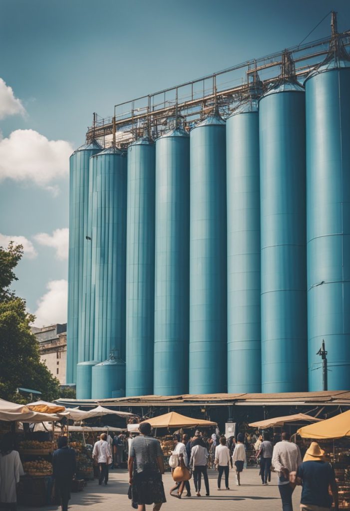 Visitors stroll through the bustling market, browsing artisanal goods and colorful displays. The iconic silos stand tall against the blue sky, creating a picturesque backdrop for the lively scene