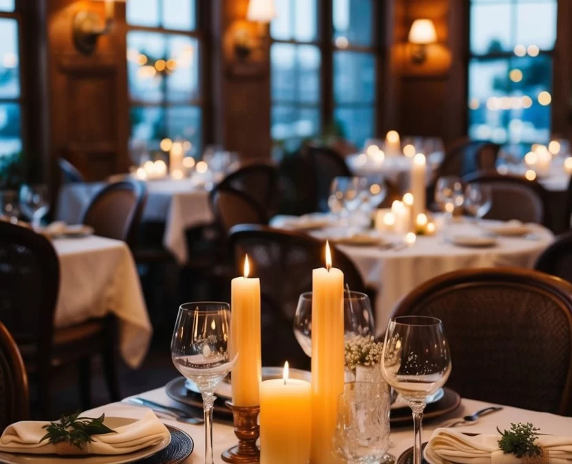 A cozy candlelit table set with fine dining dishes and elegant glassware, surrounded by soft lighting and romantic decor in a charming Waco restaurant