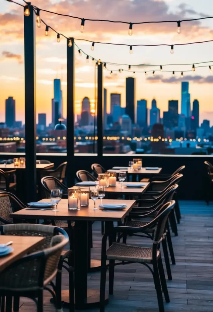 Best Romantic Restaurants in Waco: A cozy rooftop restaurant with string lights, candlelit tables, and a panoramic view of the city skyline at sunset