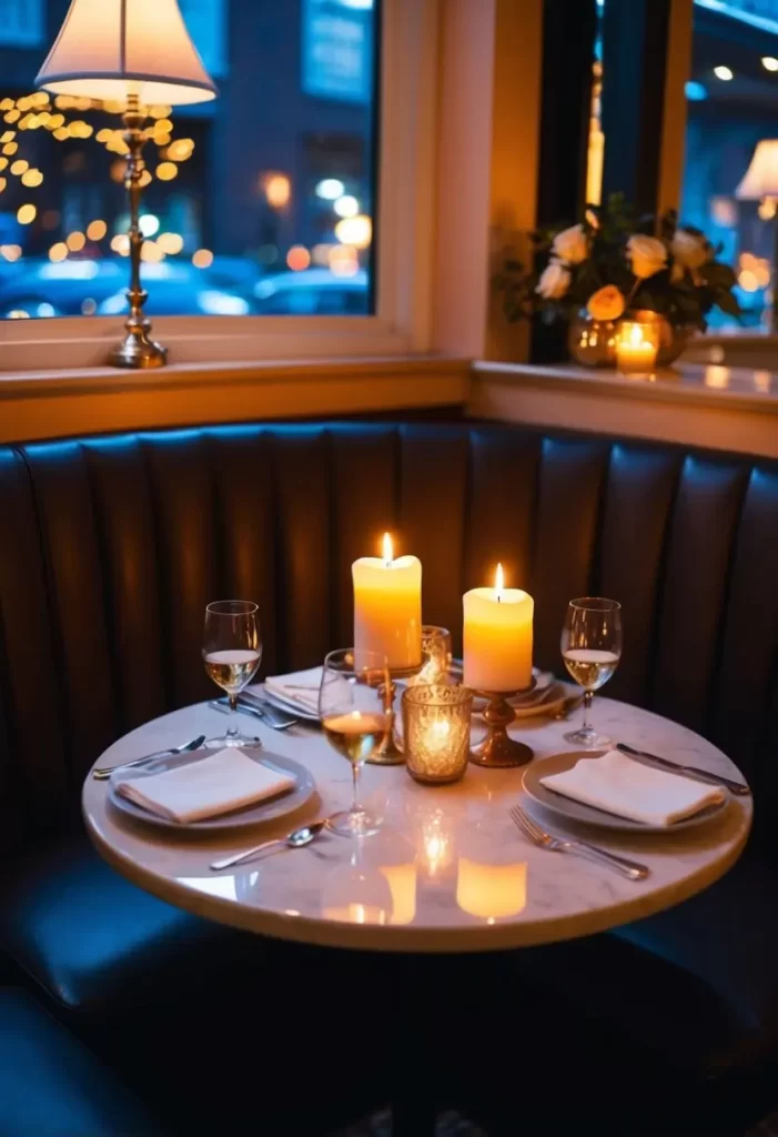 A candlelit table set for two in a cozy corner of Brazos Bar & Bistro, with soft lighting and elegant decor creating a romantic ambiance