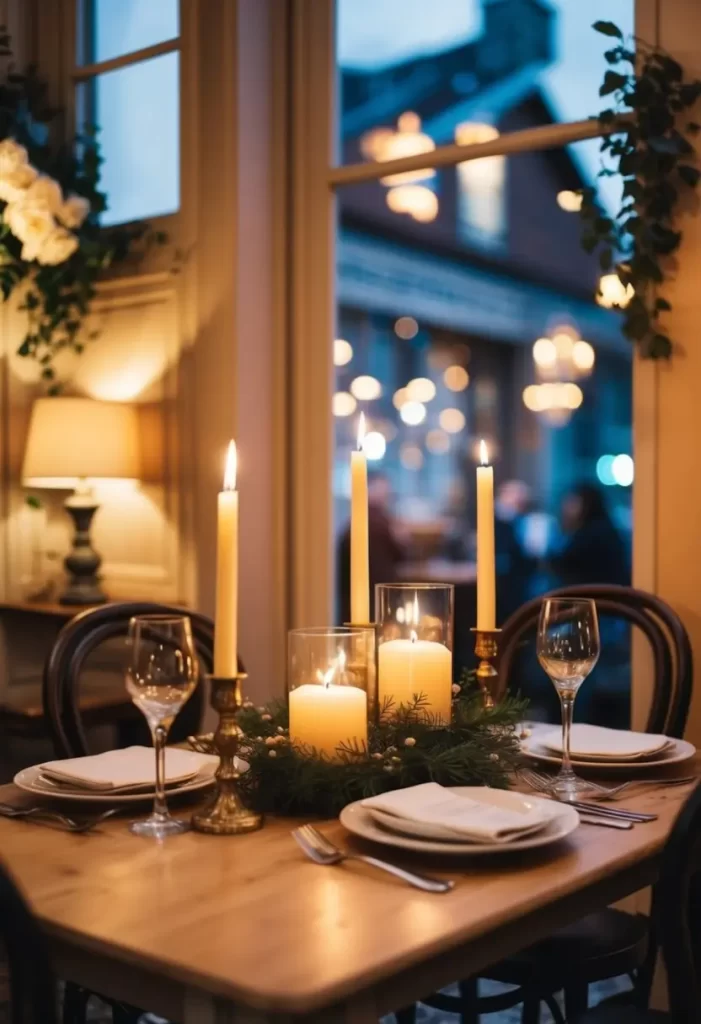 A cozy, candlelit table for two in a rustic, charming cafe. Soft lighting and elegant decor create a warm and intimate atmosphere