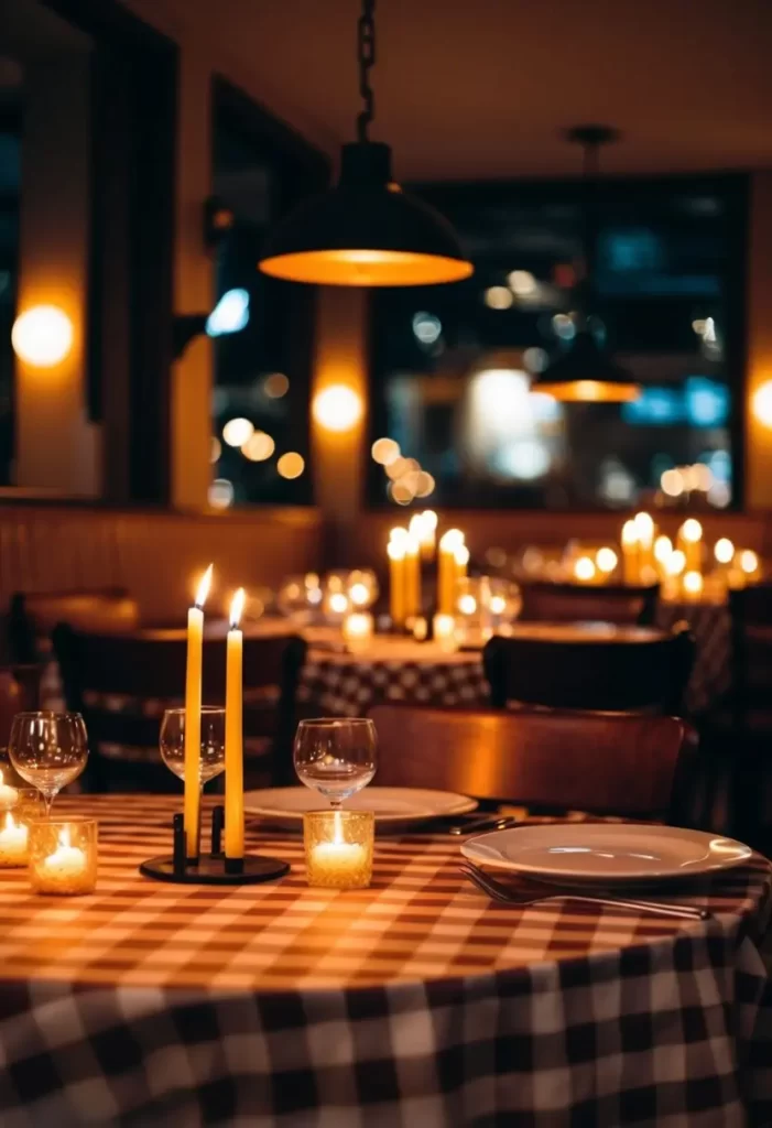 A cozy, dimly lit Italian restaurant with flickering candles on each table, checkered tablecloths, and a warm, inviting atmosphere