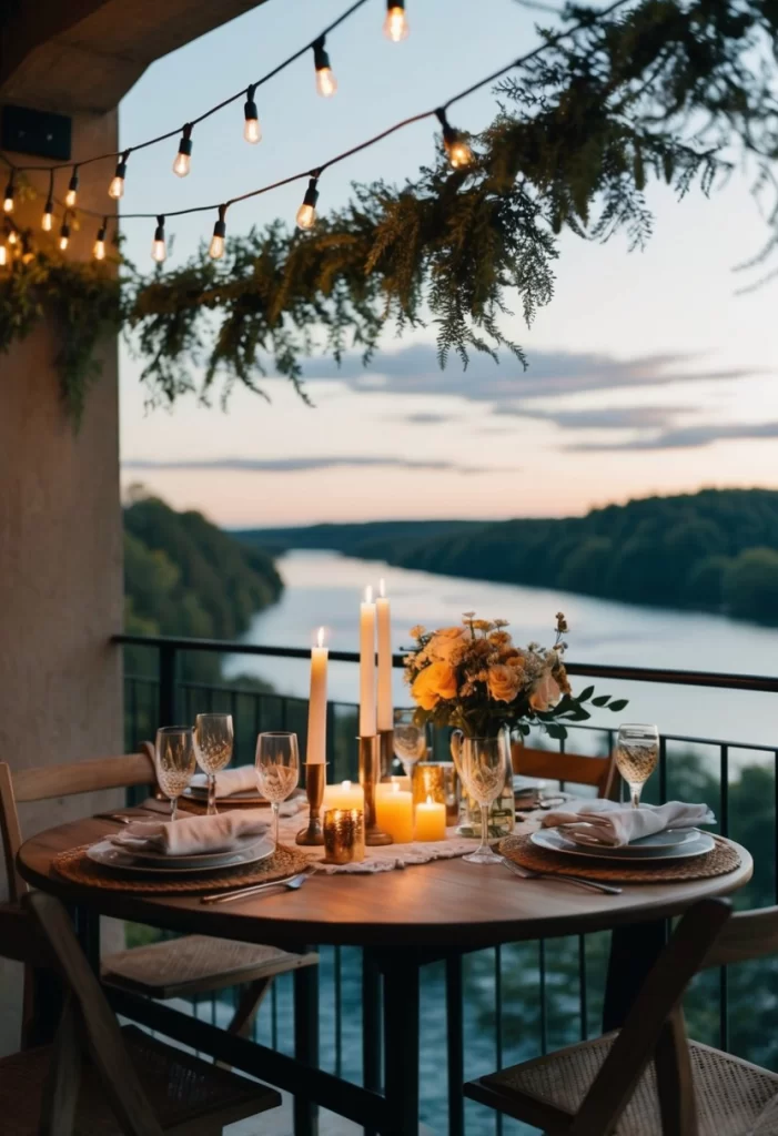 Best Romantic Restaurants in Waco: A cozy table set with candles and flowers overlooks a scenic view of the river, with a soft glow from string lights above - diamondbacks