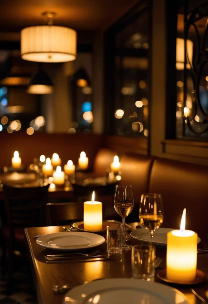 Best Romantic Restaurants in Waco: A cozy, dimly lit Italian restaurant with flickering candles on each table, soft music playing in the background, and a warm, inviting ambiance