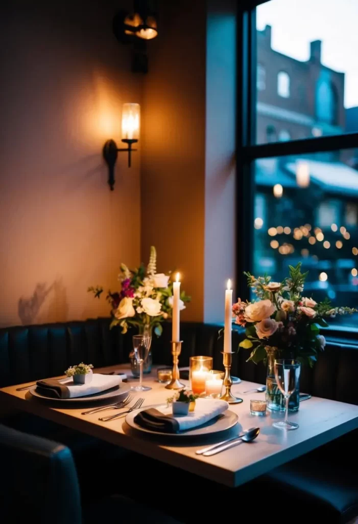 A cozy, candlelit table for two in the corner of a dimly lit restaurant, adorned with fresh flowers and elegant place settings