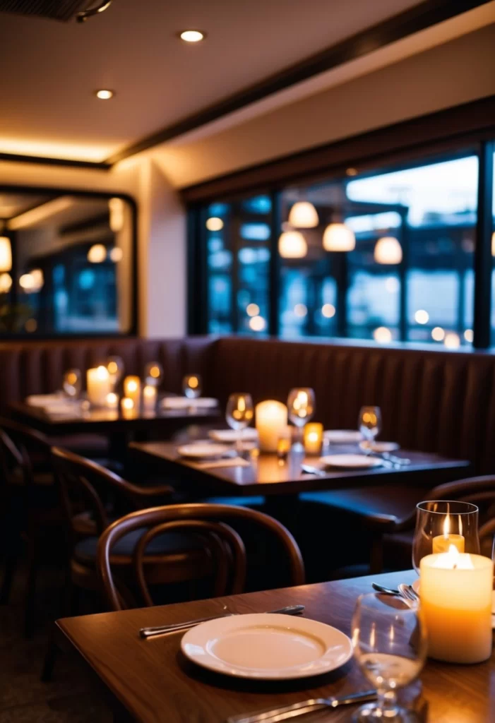 A cozy, dimly lit restaurant with intimate seating, soft candlelight, and elegant table settings. A warm, inviting atmosphere with a hint of romance