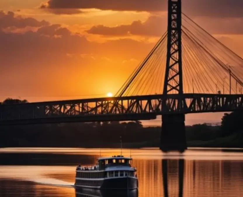 Sunset over Brazos River with tour boat and suspension bridge