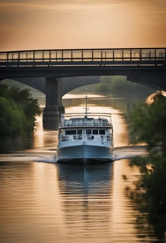 A tour boat on the Brazos River glides under a bridge at sunset, with the golden light reflecting off the water.