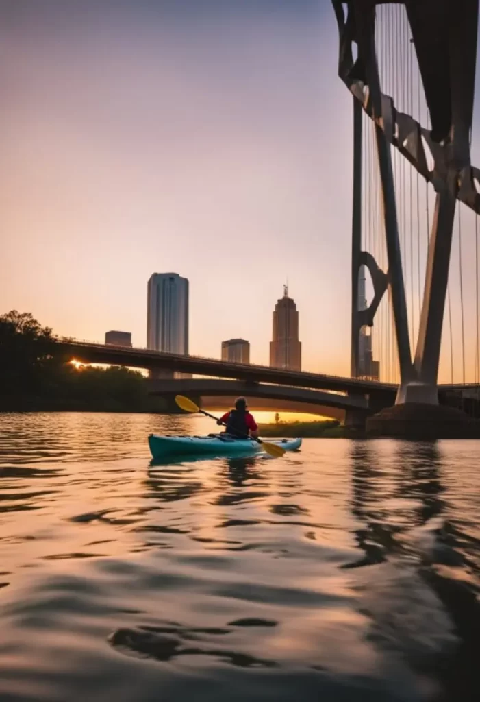 A person kayaking on the Brazos River with the Waco skyline and a bridge in the background during sunset.