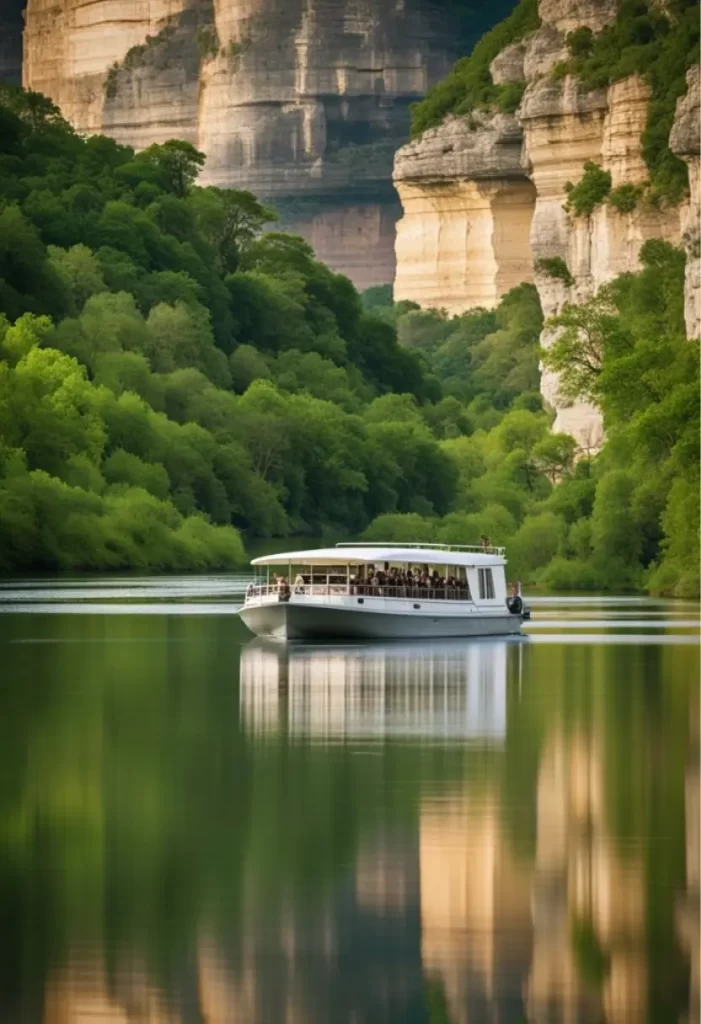 A tour boat glides gently on the Brazos River, surrounded by towering limestone cliffs and lush greenery reflecting on the calm water surface.