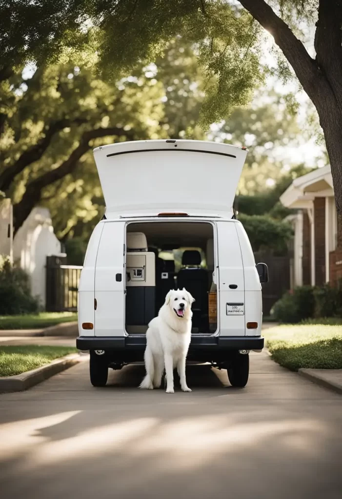 A white dog sitting in front of a mobile dog grooming van parked on a residential street, representing mobile dog groomers in Waco.