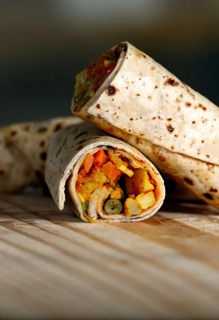 A close-up of a cut breakfast burrito with visible fillings of eggs, vegetables, and cheese on a wooden surface.