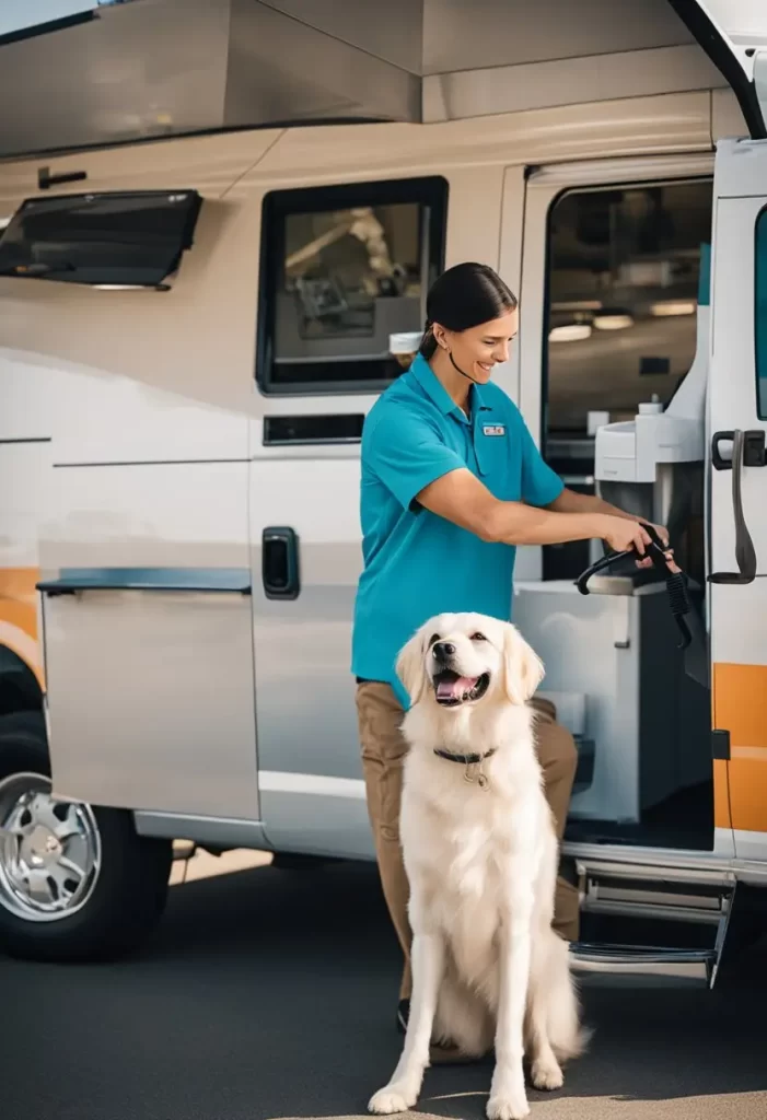 A mobile dog groomer in Waco stands beside the Clipper Wagon, ready to provide on-the-go grooming services to a happy golden retriever.