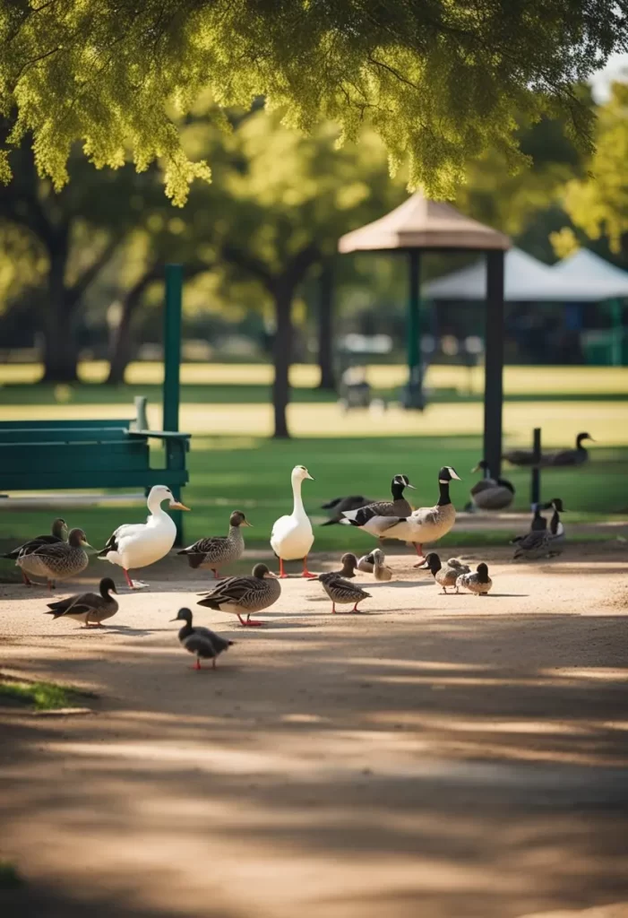 Ducks and geese on a park pathway with green benches and trees at Dewey Park in Waco, Texas