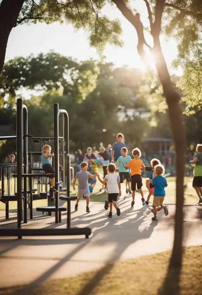 Children playing at Dewey Park playground in Waco during sunset