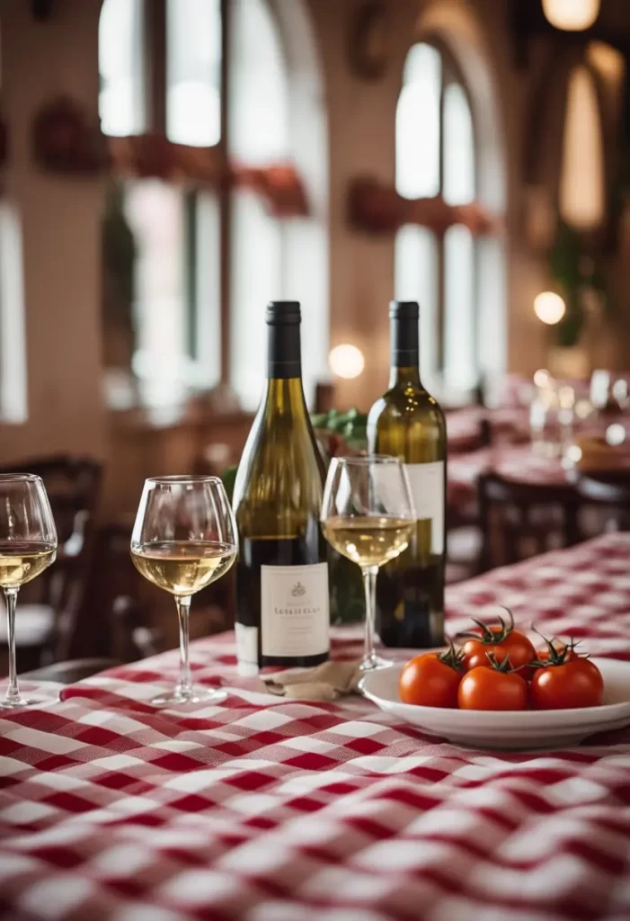 Elegant dining setup at Di Campli’s Italian Ristorante: Top Italian Restaurants in Waco featuring wine bottles and glasses with fresh tomatoes on a classic red and white checkered tablecloth.