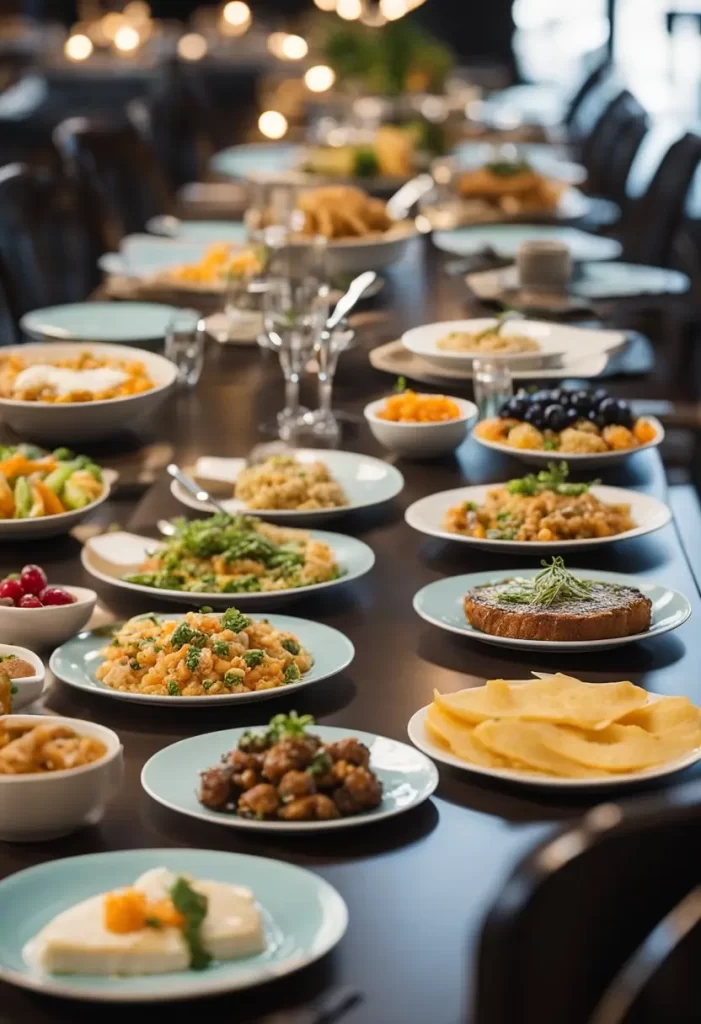 A variety of dishes displayed on a long table for dining in Buffet in Waco, featuring an assortment of fruits, salads, and main courses