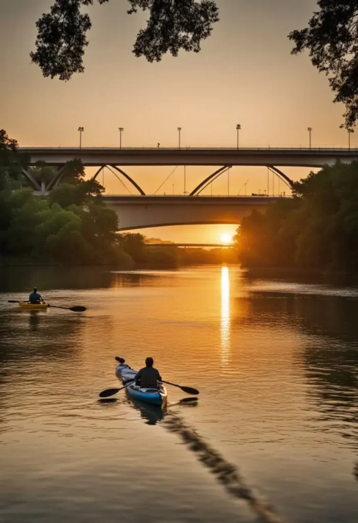  A serene sunset view over the Brazos River with two kayakers paddling gently, the golden hues of the sun reflecting on the water’s surface, and a bridge in the background creating a silhouette against the glowing sky.