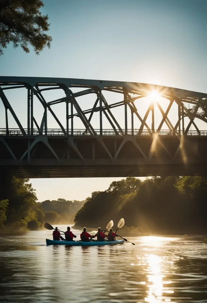 A group of kayakers paddling under a steel bridge on a serene river in Waco, with the sun setting behind the structure