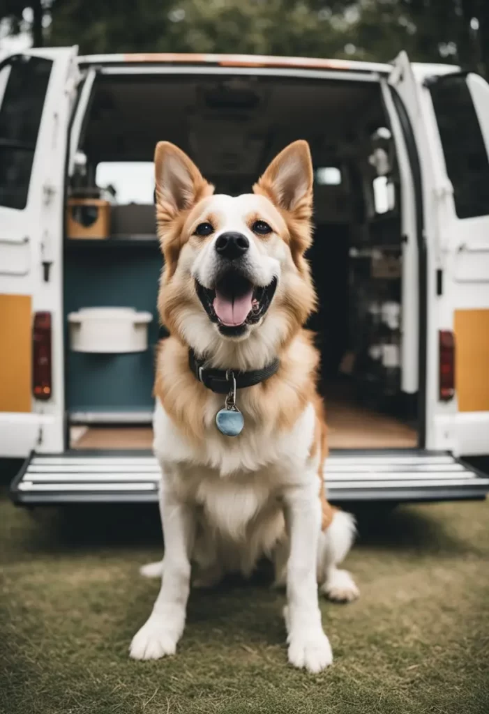 A happy dog sitting at the back of a mobile grooming van, representing the convenient and friendly services of mobile dog groomers in Waco.